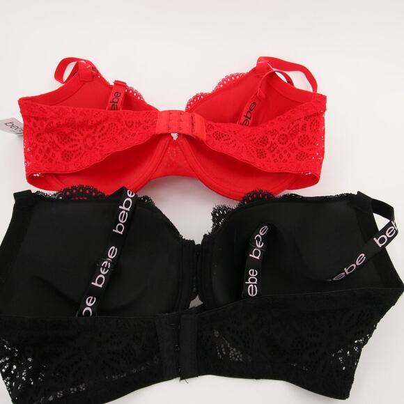 Bebe Bra Black Red Lace Pack of 2 Underwire Gentle Lift Pushup Bra Size 34DD New - Picture 3 of 12